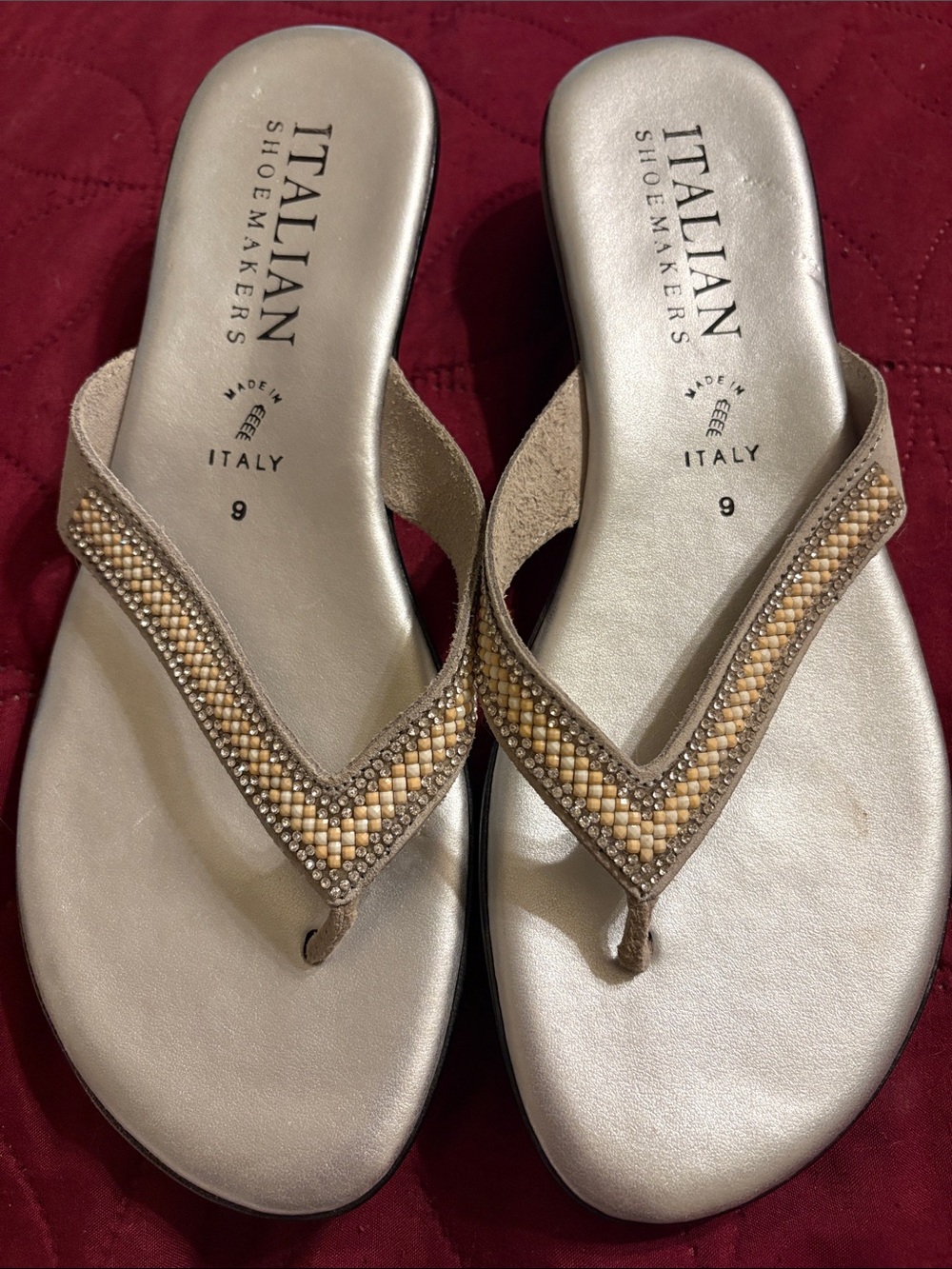 9 Italian Shoemakers Beige and Silver Beaded Thong Sandals